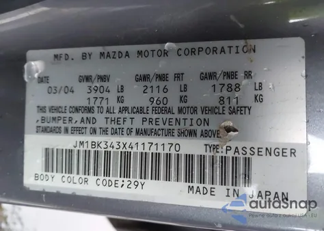 2004 Mazda Mazda3 S из США, поврежденный, VIN JM1BK343X41171170